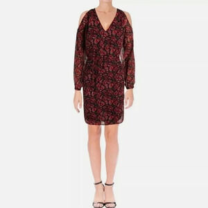 LAUREN Ralph Dress Sz 4 Cold Shoulder Sleeves Navy w/Pink Floral Long Sleeve